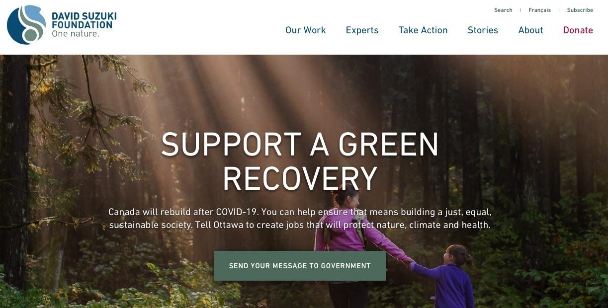 The David Suzuki Foundation made sure its nonprofit marketing campaign was on the website’s homepage.